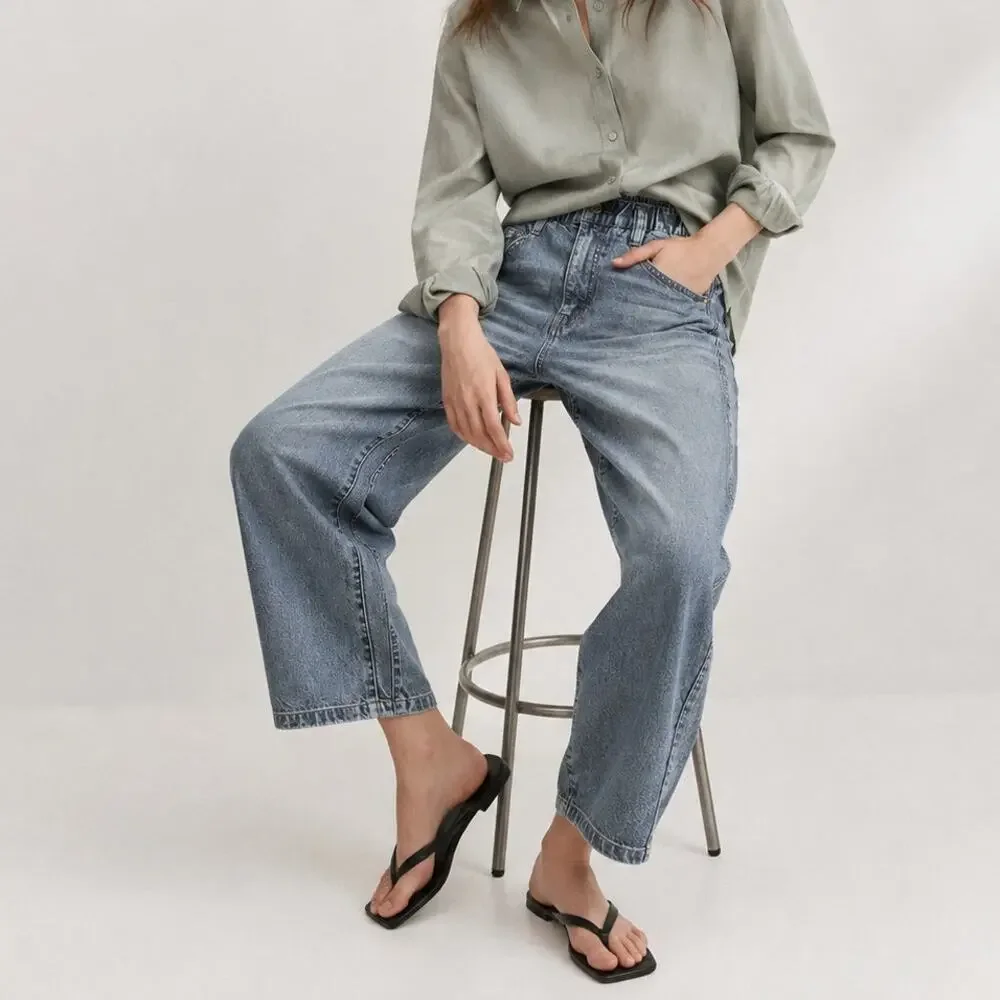 JNBY Denim Barrel Pants Womens XS Navy Print Denim High-rise Relaxed Leg